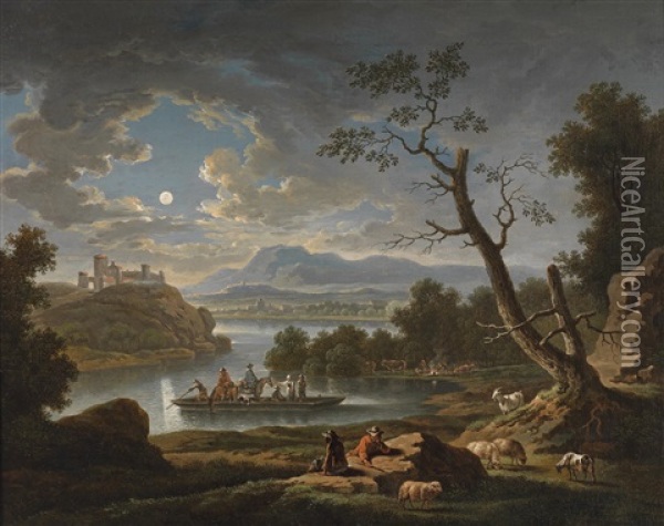 Eine Flusslandschaft Im Mondschein Oil Painting - Friedrich Wilhelm Hirt