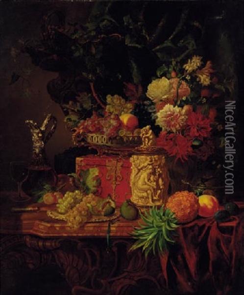 Flowers And Fruit With A Casket, A Tankard And A Flask Of Wine On A Marble Topped Table Oil Painting - Adalbert Schaeffer