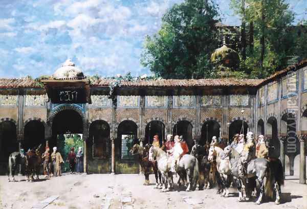 Cavalieri Circassi Che Aspettano Il Loro Capo (Circassian Knights Waiting for Their Leader) (or Military Quarters) Oil Painting - Alberto Pasini