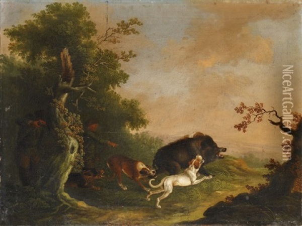 Jagdszene Mit Eber Und Zwei Hunden Oil Painting - Magnus Brasch