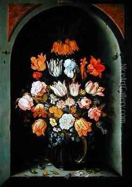 Still life of flowers in a niche with insects reptiles and flower petals Oil Painting - Jan Baptist van Fornenburgh