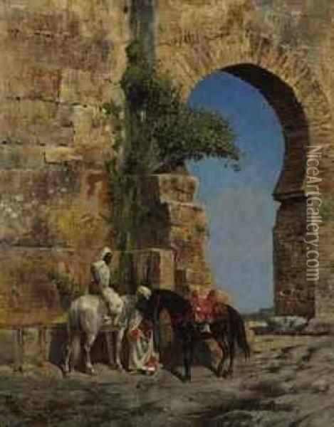 Horsemen Waiting At A Gateway Oil Painting - Edwin Lord Weeks