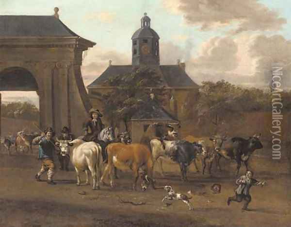 Drovers with cattle before an archway leading to a mansion Oil Painting - Michel Carree