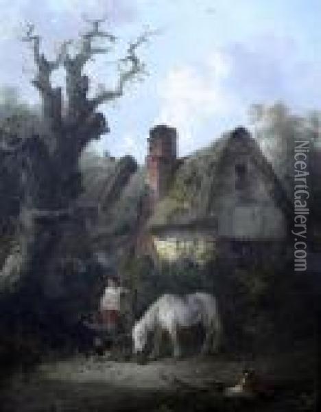 Children And Horse Beside A Cottage Oil Painting - Thomas Smythe