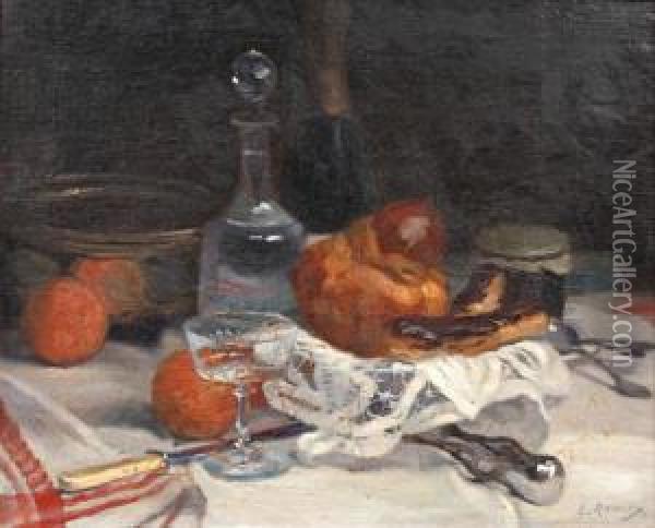 Still Life With Bread, Fruit, Pastries And A Decanter On A Table Oil Painting - Jules Ernest Renoux