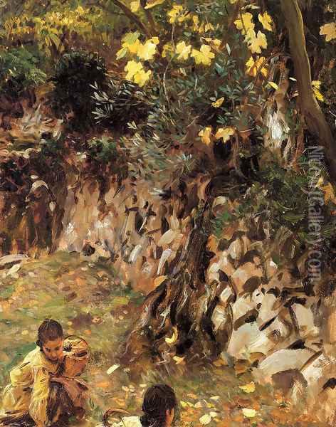 Girls Gathering Blossoms, Valdemosa, Majorca Oil Painting - John Singer Sargent