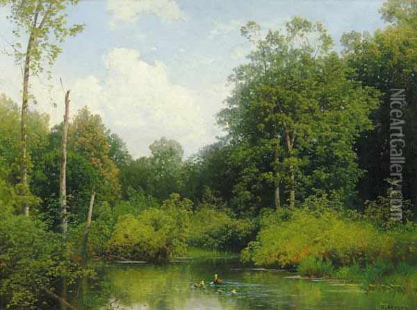 Forest Landscape With Pond And Ducks Oil Painting - Herman Herzog