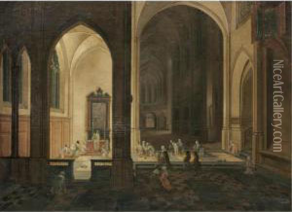 The Interior Of A Gothic Church 
By Night, With A Priest Conducting A Service In A Side Chapel Oil Painting - Pieter Ii Neefs