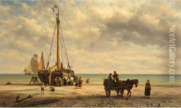 Bringing In The Catch Oil Painting - Johannes Hermann Barend Koekkoek