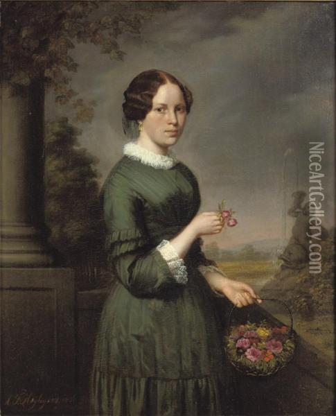 A Girl With Colourful Roses Oil Painting - Gustaaf Antoon F. Heyligers