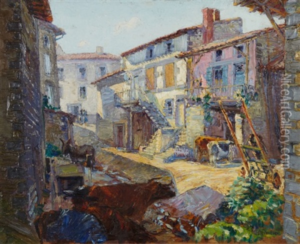 Retour Au Village (ou Cour De Ferme Animee Avec Ane Et Boeuf) Oil Painting - Louis Floutier