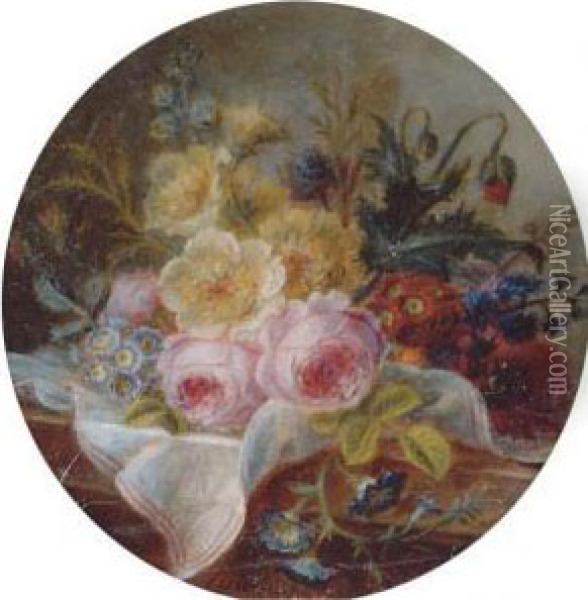 Cabbage Rose, White Rose, Auriculas, Hollyhock, Opium Poppy,hyacinths Oil Painting - Cornelis van Spaendonck