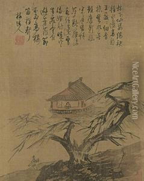 Gentlemen In A Pavilion With Plum Blossom Tree Oil Painting - Wu Zhen