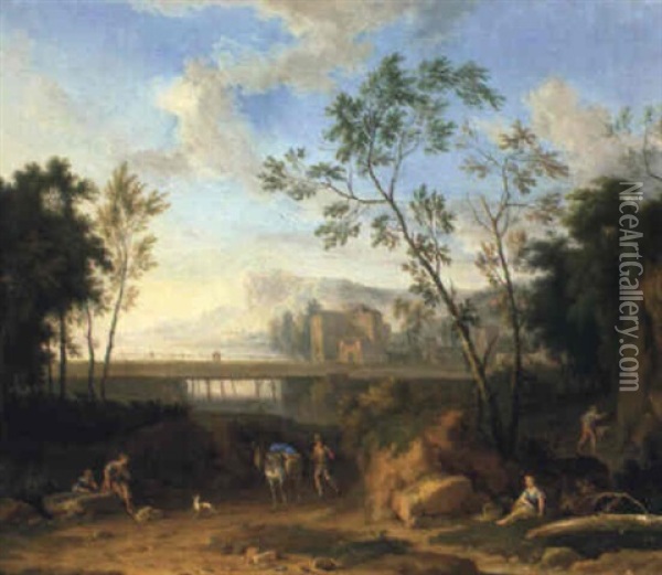 Veduta Campestre Con Viandanti E Un Ponte Oil Painting - Jan Van Huysum