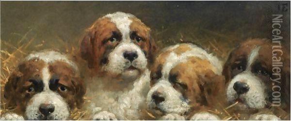 Four Curious Saint Bernards Puppies Oil Painting - Otto Eerelman