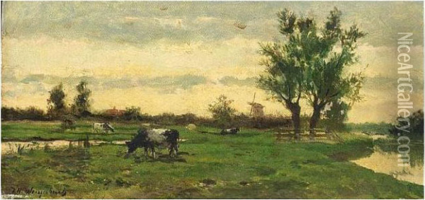 A Polder Landscape With Grazing Cows Oil Painting - Jan Hendrik Weissenbruch