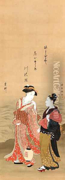 Geisha and attendant by a river Oil Painting - Katsukawa Shuncho