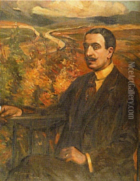 Portrait Of Gentleman Seated On A Balcony, A Spanish Landscape Beyond Oil Painting - Mary Cameron