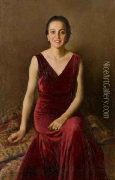 Ritratto Di Giovane Donna Con Abito In Velluto Rosso Oil Painting - Giuseppe Pennasilico