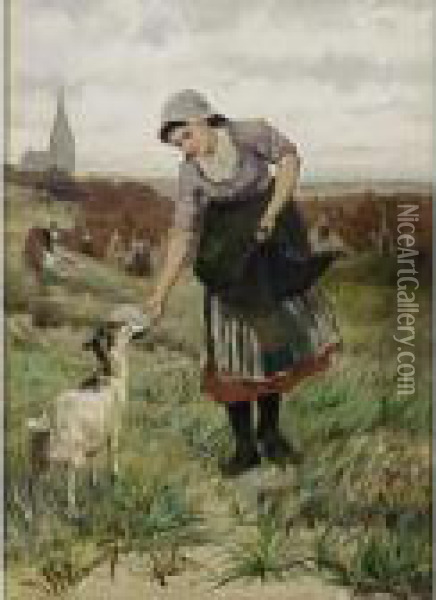 Feeding The Goat Oil Painting - Bernardus Johannes Blommers