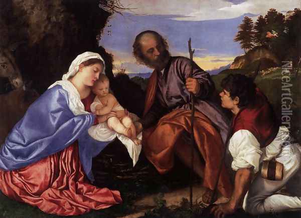The Holy Family with a Shepherd Oil Painting - Tiziano Vecellio (Titian)