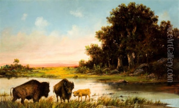 Buffalo By The River Oil Painting - Henry H. Cross