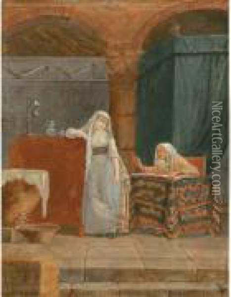 Jeune Fille Ecoutant La Lecture D'une Vieille Femme Dans Un Interieur A Voutes Oil Painting - Jean-Baptiste Mallet