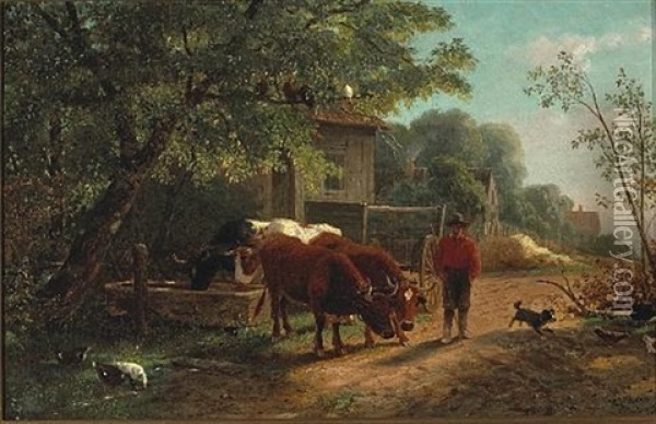 Farmer With Cattle Oil Painting - William Hahn