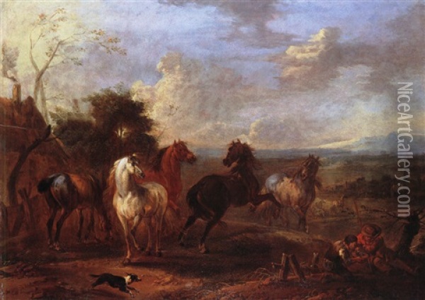 Pferde Und Hirten Oil Painting - August Querfurt