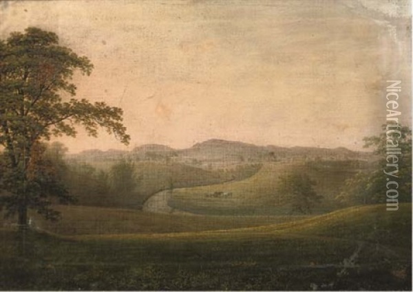 An Extensive River Landscape (looking Towards Marsh Edge, Richmond, Yorkshire?) Oil Painting - George Cuitt the Elder