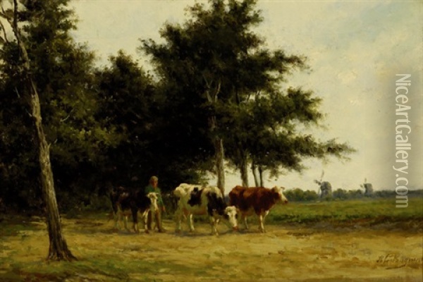 Farmer With Three Cows On A Road Oil Painting - Herman Bogman I
