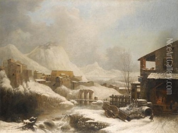 A Frozen Winter Landscape With A Bridge Over A River Oil Painting - Caesar van Loo
