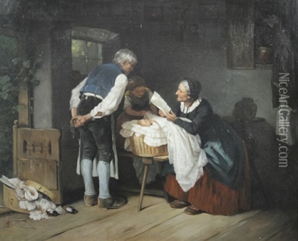 In Der Stube. Bauernfamilie An Der Wiege Eines Kindes Oil Painting - Rudolf Epp