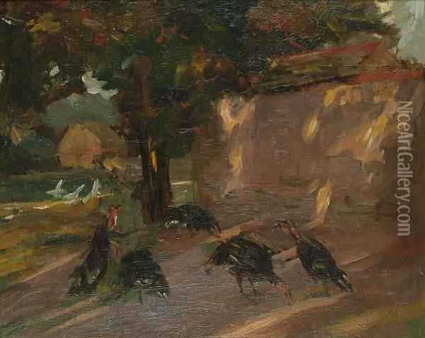 Farmyard Scene With Turkeys Oil Painting - Gwendoline Mary Hopton