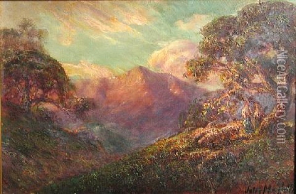Oak Trees With Mountains In The Distance Oil Painting - Jules R. Mersfelder