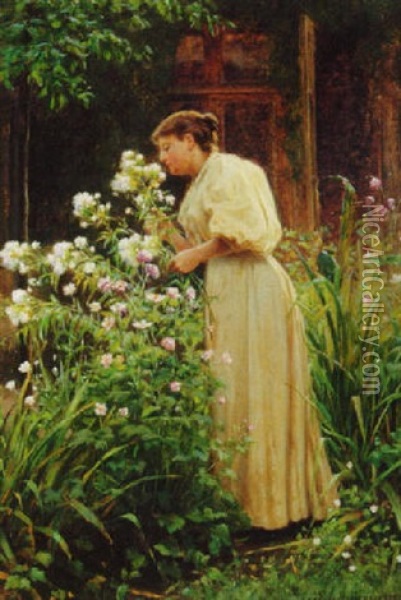 A Young Beauty Gathering Flowers In A Garden Oil Painting - Niels Frederik Schiottz-Jensen