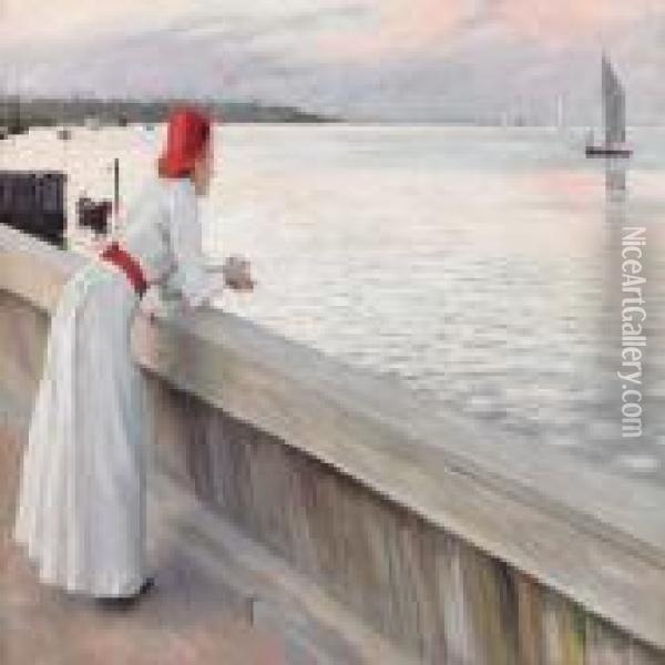 A Young Woman Watchingthe Sea In The Evening Sun Oil Painting - Paul-Gustave Fischer