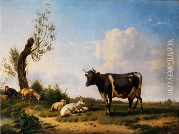 Landschaft Mit Kuh, Ziegen, Schafen Undschlafendem Schafer Oil Painting - Pierre Emmanuel Ii Dielmann