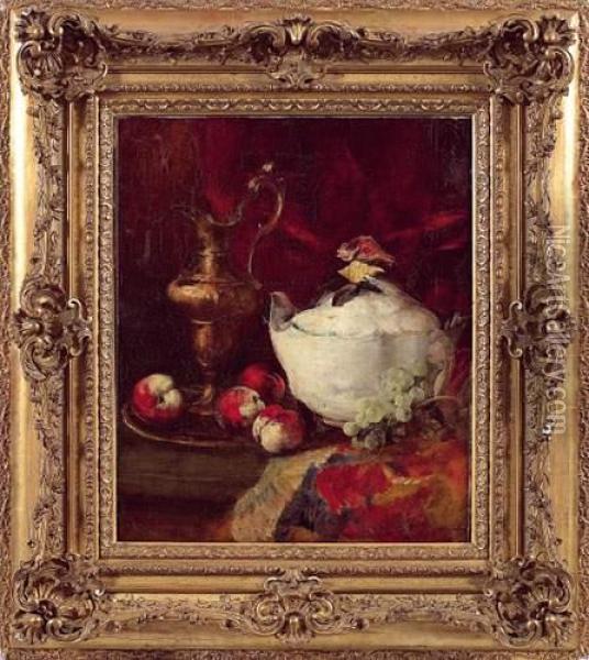 Soupiere, Aiguiere Et Fruits Sur Un Entablement Oil Painting - Antoine Vollon