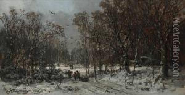 Reisigsammler Im Winterwald. Oil Painting - Adolf Stademann