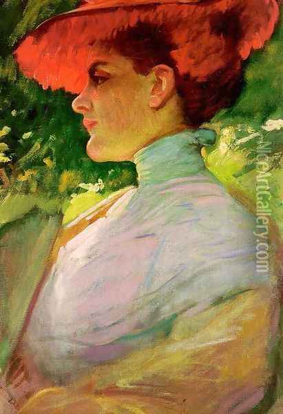 Lady with a Red Hat Oil Painting - Frank Duveneck