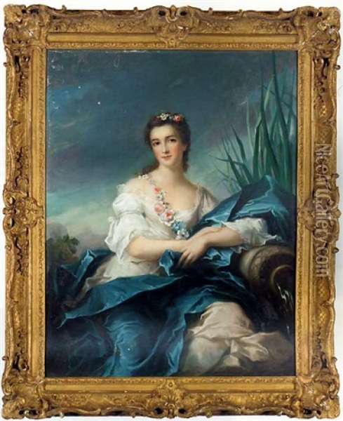 Portrait Of A Lady, As A River Goddess, In A White Satin Dress And Blue Mantel, A Garland Of Flowers Over Her Shoulder Oil Painting - Jean Baptiste Nattier