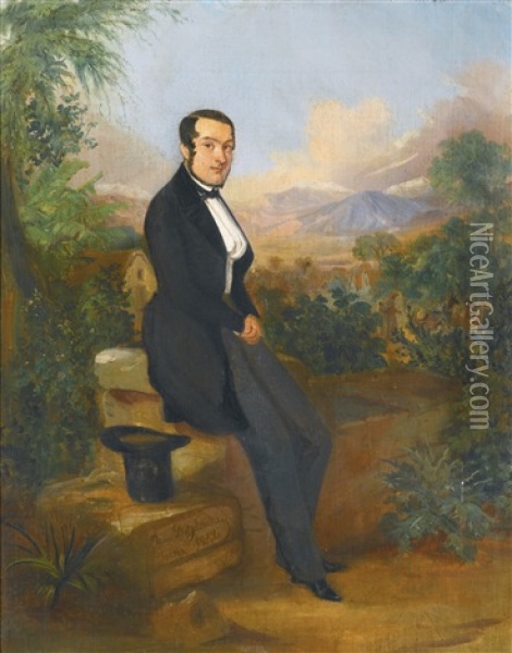 Portrait Of George Hhellmann Before A Vista In Tacna, Peru Oil Painting - Johann Moritz Rugendas