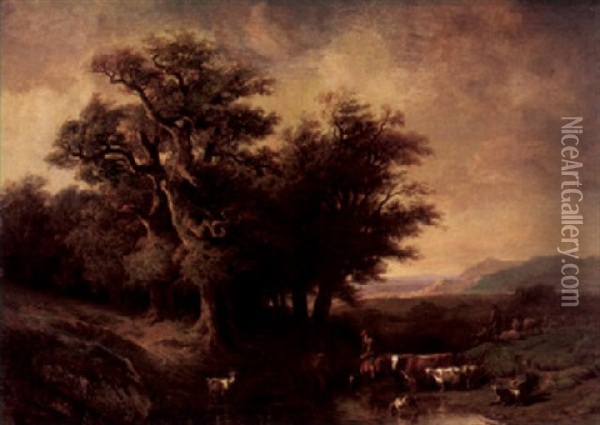 Landschaft Mit Hirte Und Seiner Herde An Einem Bach Oil Painting - Francois Diday