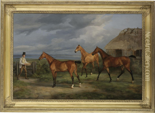 Three Hunters And A Groom In A Landscape, An Estuary Beyond Oil Painting - James Barenger