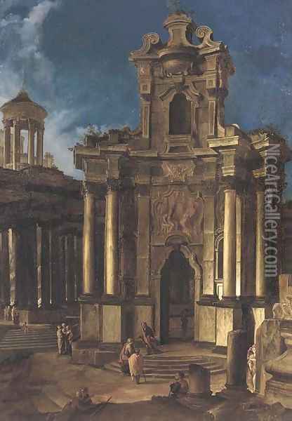 A capriccio of a Baroque church and antique ruins with figures Oil Painting - Vittorio Maria Bigari