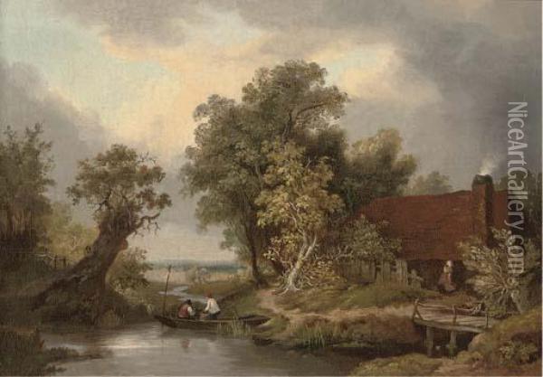 Figures In A Punt By A Cottage Oil Painting - James Stark