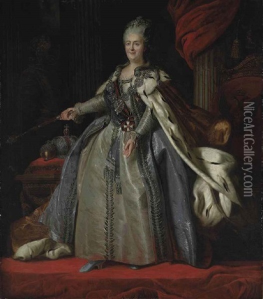 Portrait Of Catherine The Great, Empress Of Russia In Robes Of State, Standing Before A Draped Column Oil Painting - Fedor Stepanovich Rokotov