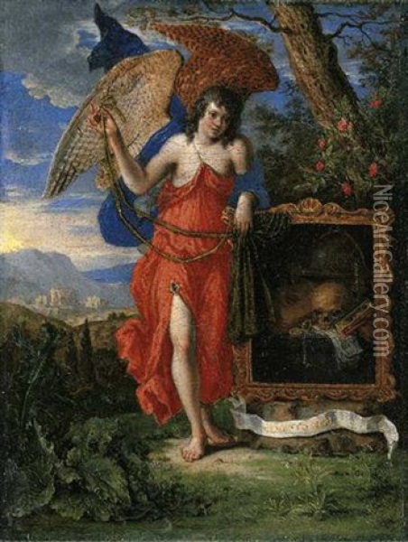 An Angel In A Landscape Holding A Vanitas Painting, A Memento Mori Oil Painting - Peter Gysels