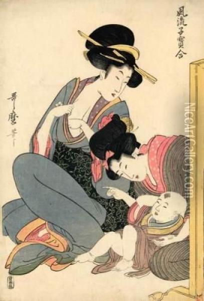 Deux Jeunes Femmes Assises, 
Chichi S'appretant A Allaiter, L'autre Fait La Lecon A Un Enfant. Oil Painting - Kitagawa Utamaro